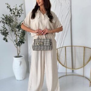 Komplet Długie Spodnie Bluzka Wiskoza Beżowy