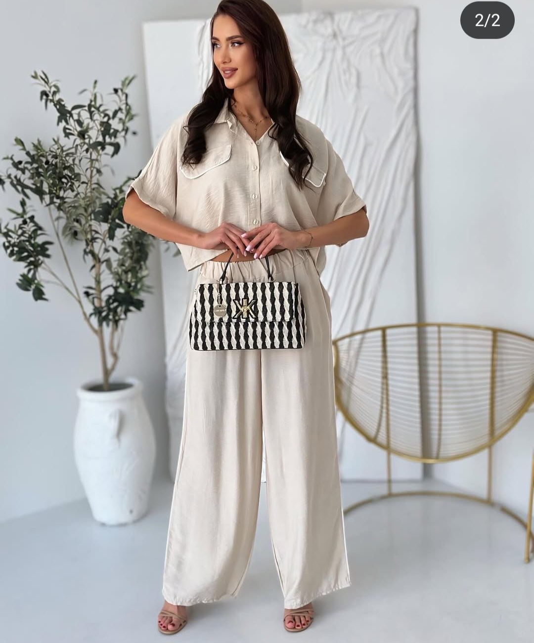 Komplet Długie Spodnie Bluzka Wiskoza Beżowy