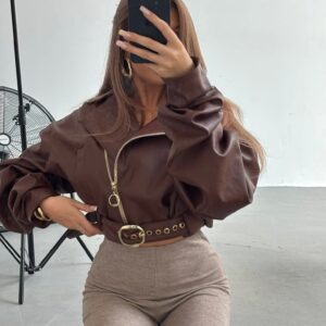 Kurtka z Eco Skóry z Wiązaniem w Pasie Czekoladowa