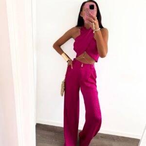 Komplet Satynowy Top i Spodnie Fuksja La Milla