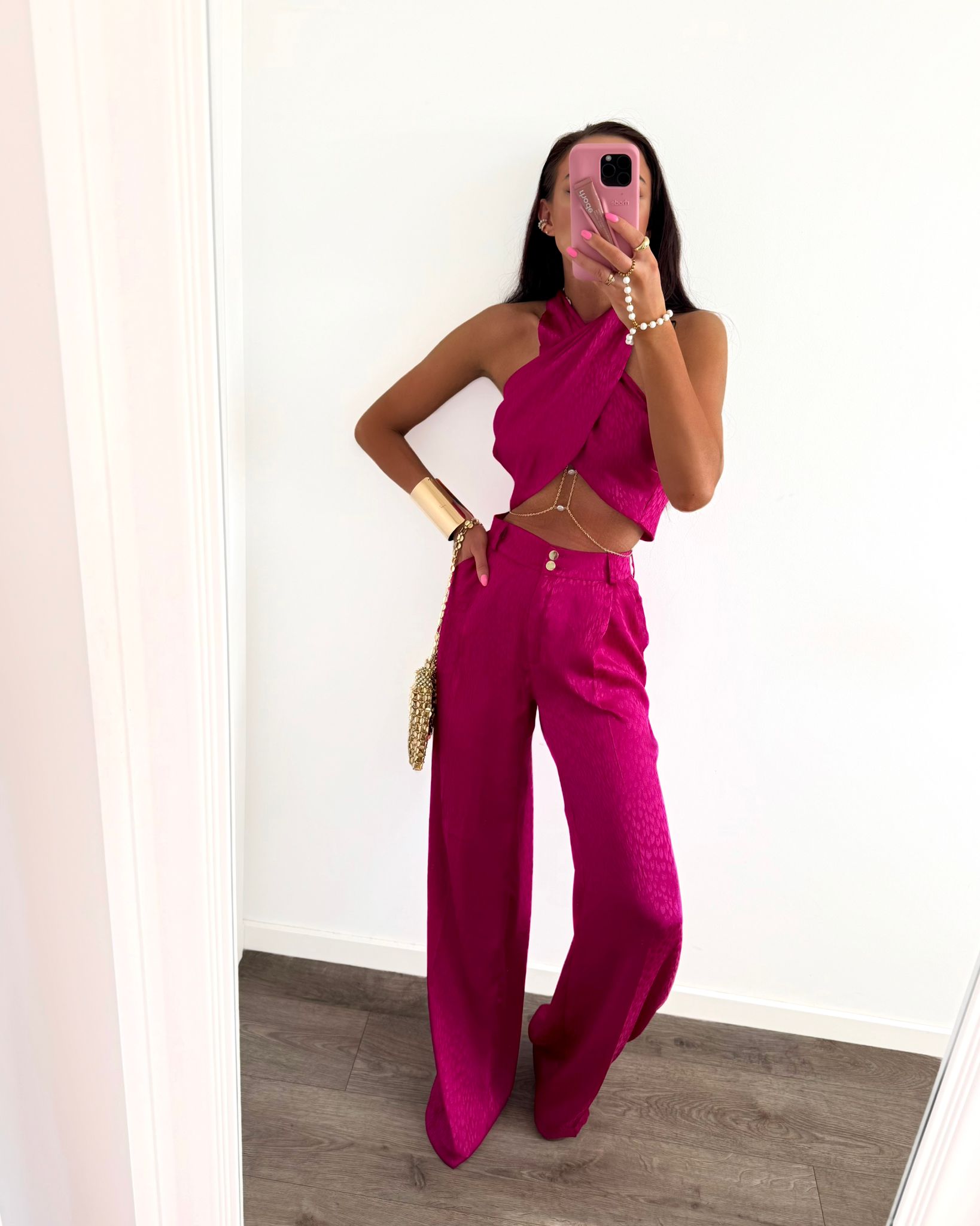 Komplet Satynowy Top i Spodnie Fuksja La Milla