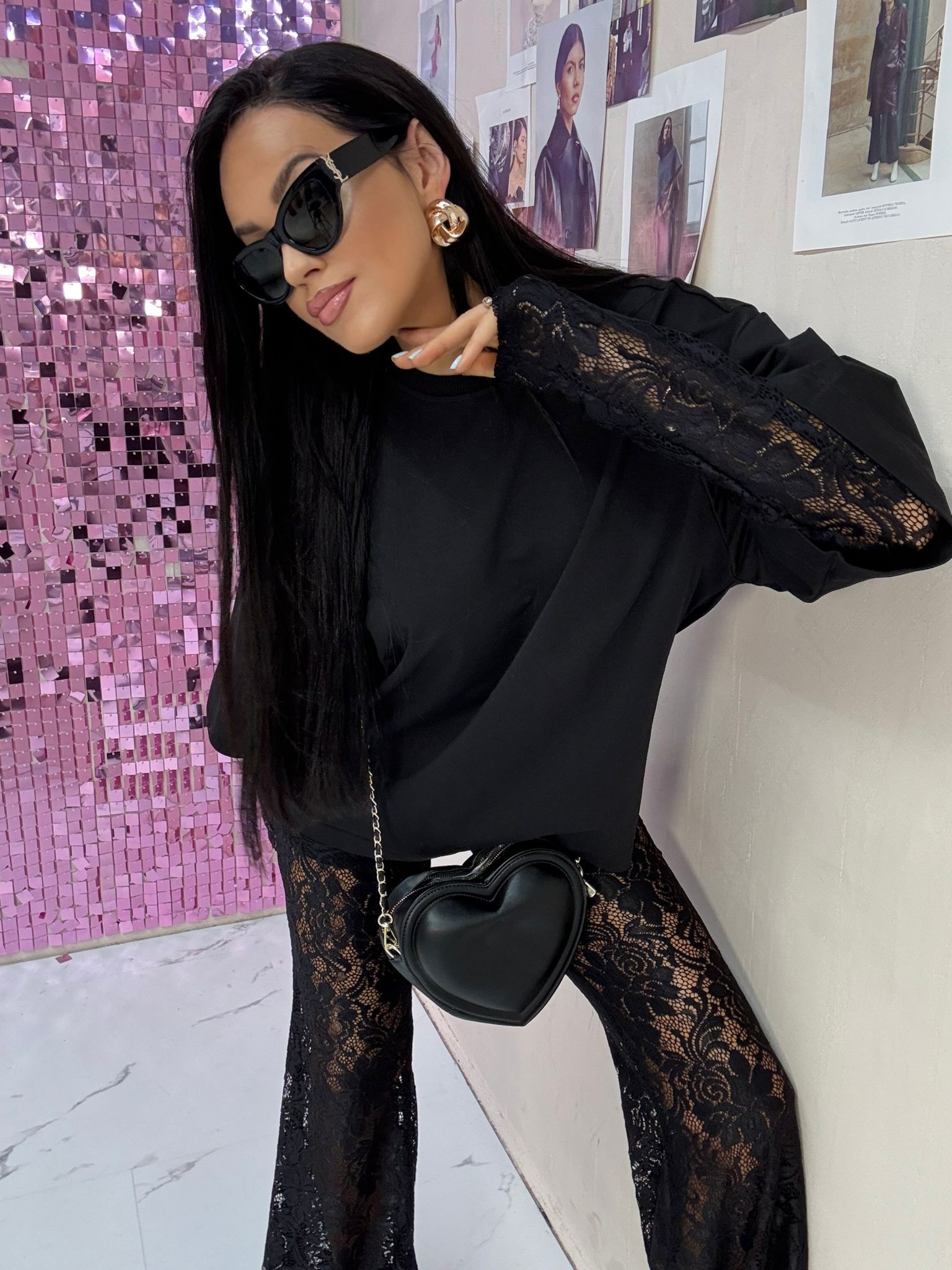 Tshirt Długi Rękaw Koronka Czarny La Milla