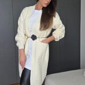 Kardigan Długi Plecionka Ecru