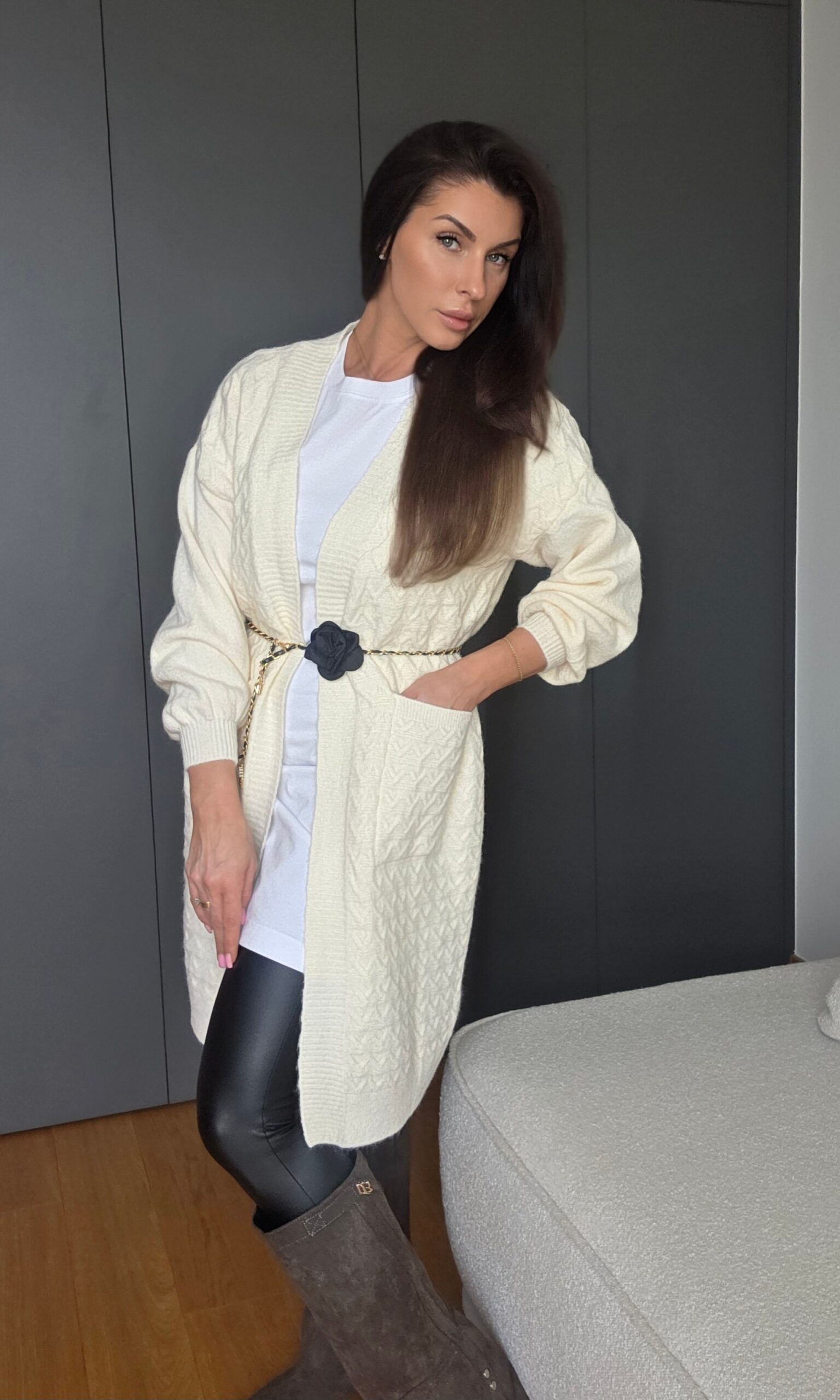 Kardigan Długi Plecionka Ecru