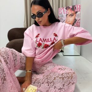 Tshirt La Milla Napis z Różami Pudrowy Róż