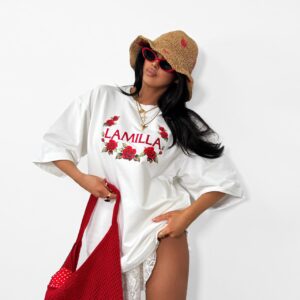 Tshirt La Milla Napis z Różami Biały